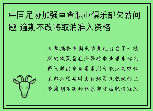 中国足协加强审查职业俱乐部欠薪问题 逾期不改将取消准入资格 中国足协加强审查职业俱乐部欠薪问题 逾期不改将取消准入资格